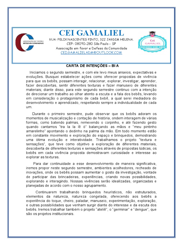 Carta de Intenção: Educação Infantil 2º Semestre | PDF | Intenção