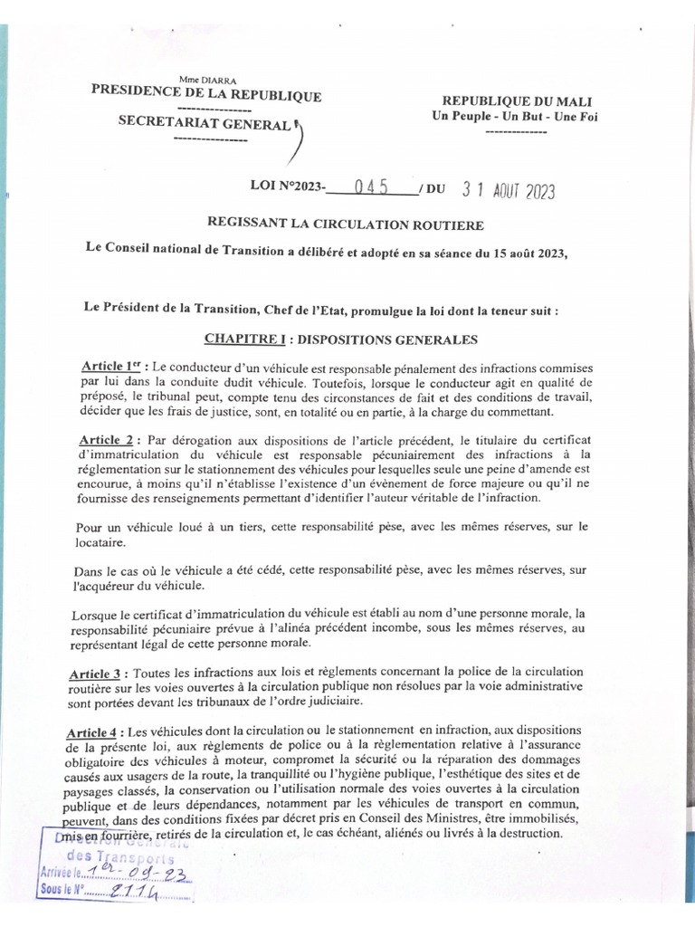 Loi 2023_045 Régissant La Circulation Routière | PDF