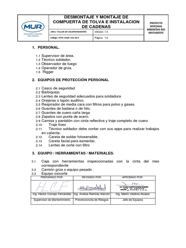Pets-Mto-013 Desmontaje y Montaje de Compuerta de Tolva e Instalacion