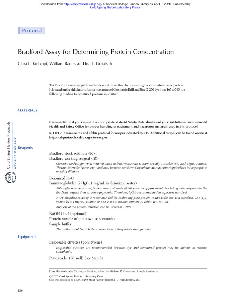 Bradford Assay Protocol for Protein Quantification | PDF | Chemistry ...