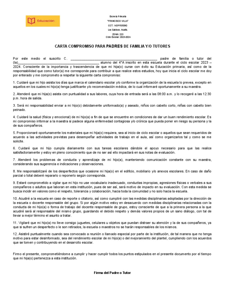 CARTA COMPROMISO PARA PADRES DE FAMILIA | PDF | Evaluación