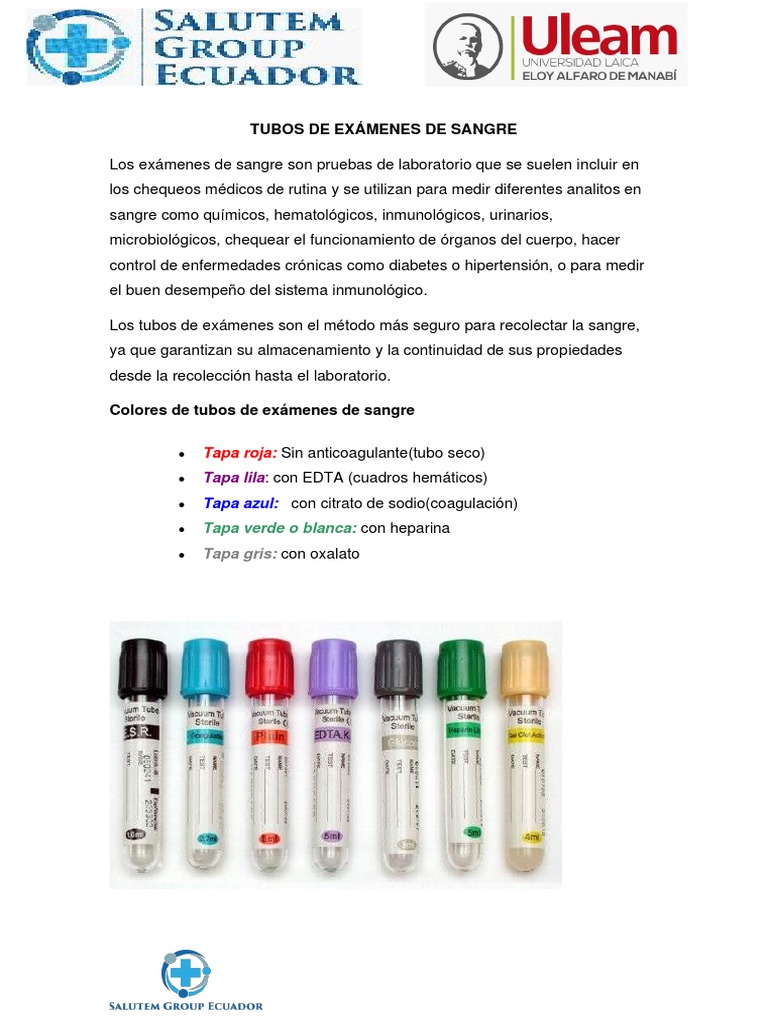 Tubos de Exámenes de Sangre y Usos | PDF | Sangre | Coagulación
