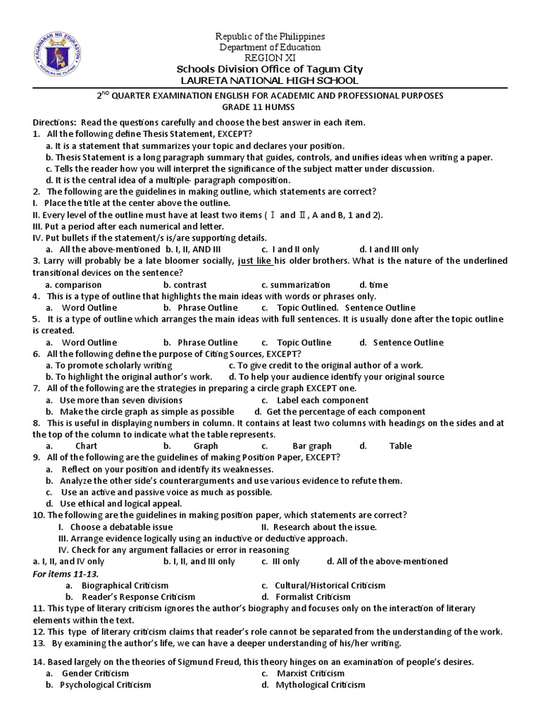 Grade 11 EAPP 2nd Quarter Exam Guide | PDF | Pet | Substance Use Disorder