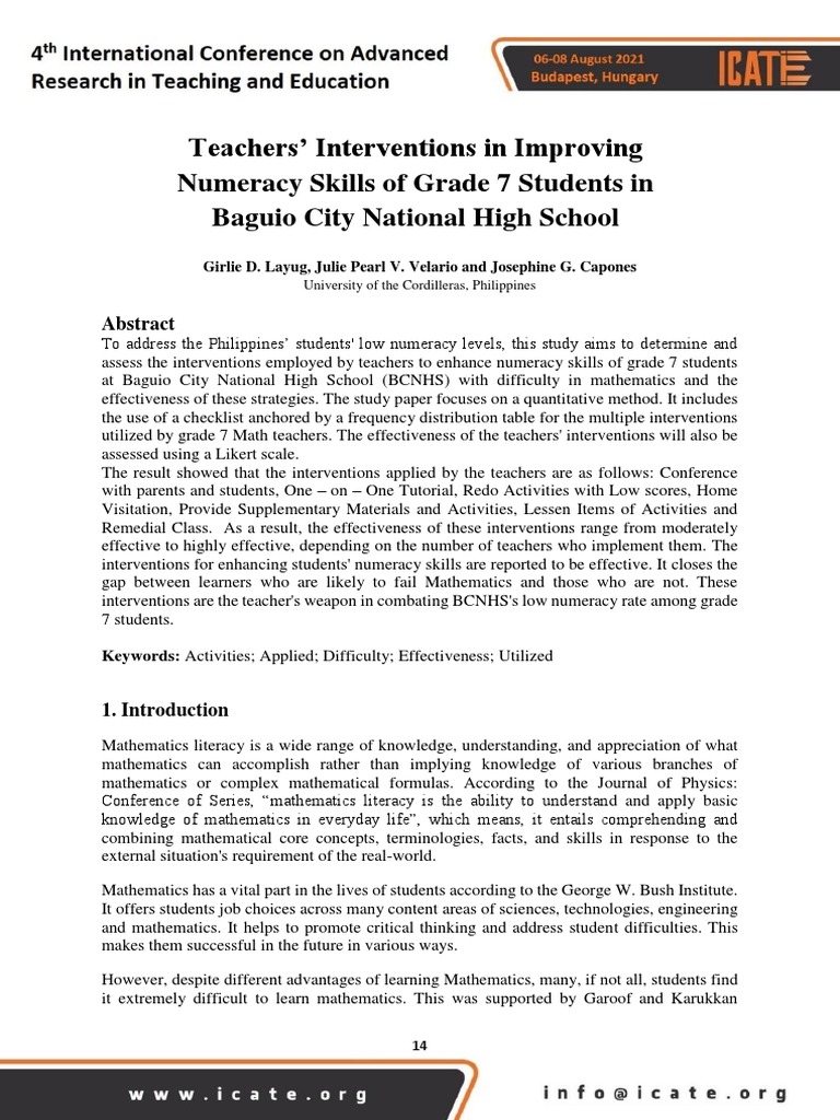 Teachers Intervention In Improving Numeracy Skills Of Grade 7 Students