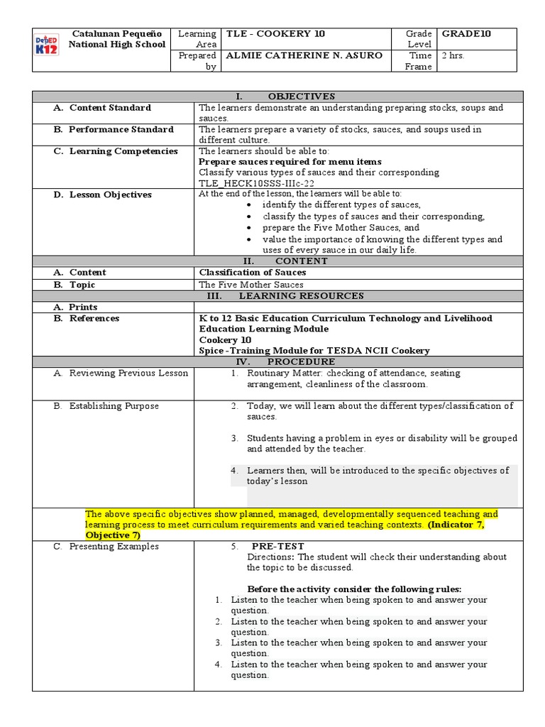 LESSON PLAN Classification of Sauces ASURO PDF Sauce Learning