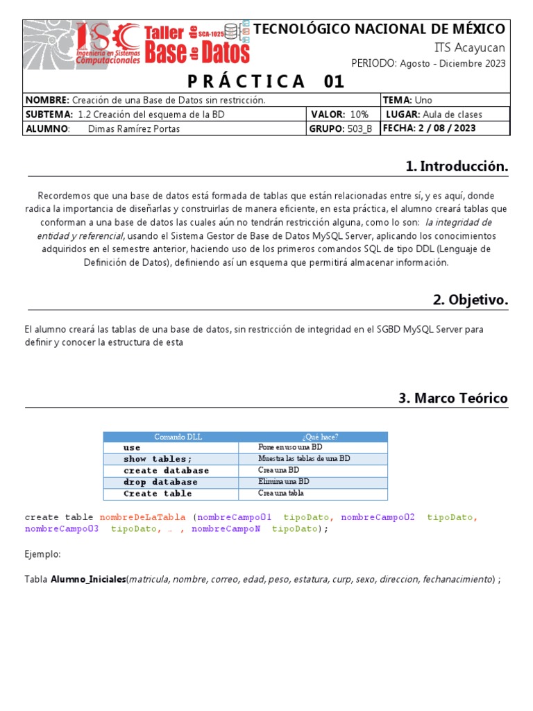 A01 Práctica 01 Creacion De Una Bd Pdf Bases De Datos Mi Sql