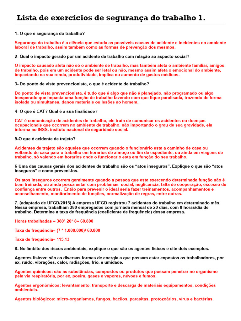 Exercícios sobre Segurança do Trabalho | PDF | Carreira e Crescimento ...