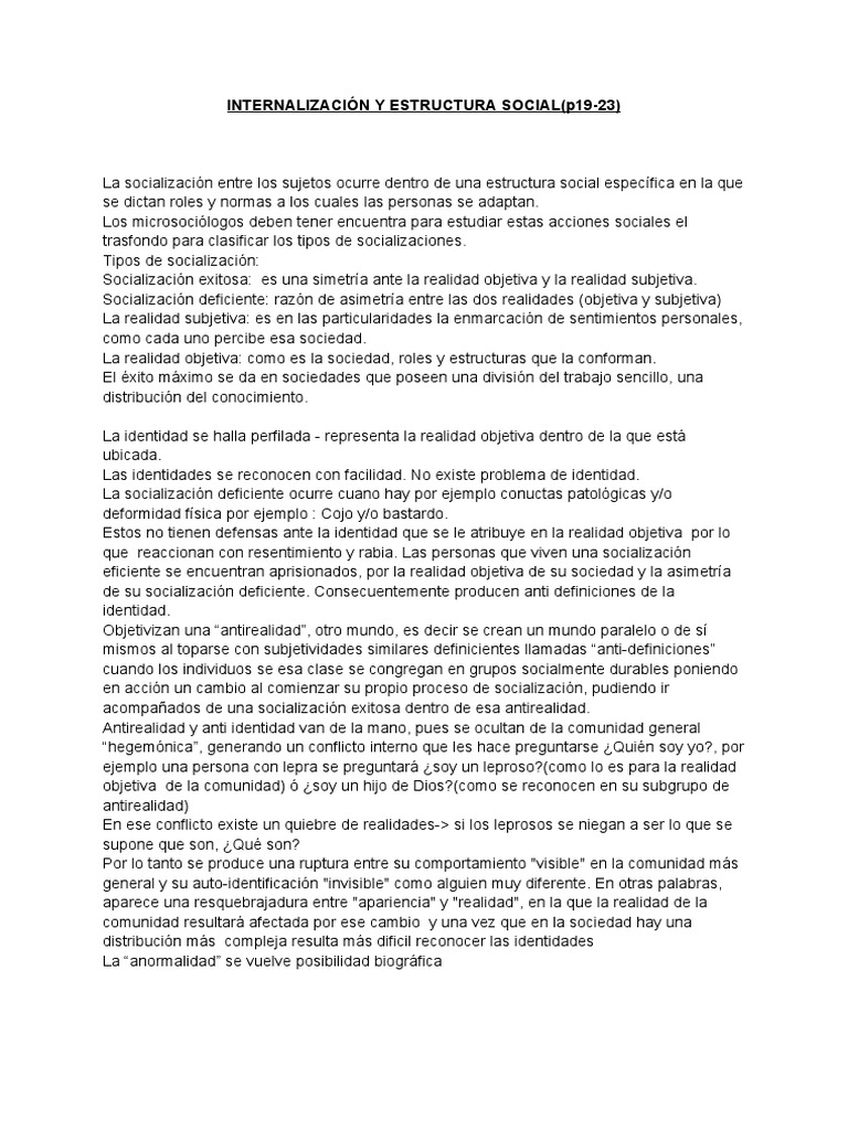 Internalización y estructura social.Berger Y Luckman. PDF