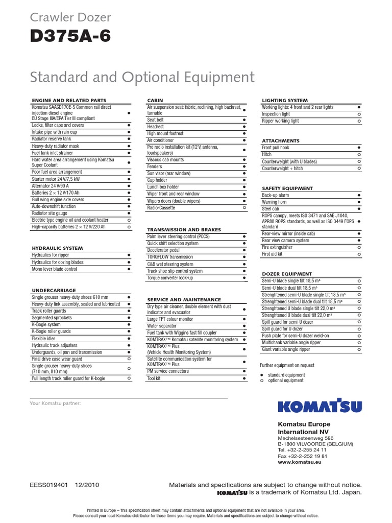 Komatsu D375a 6 Bulldozer Optional and Standard Equipment | PDF ...