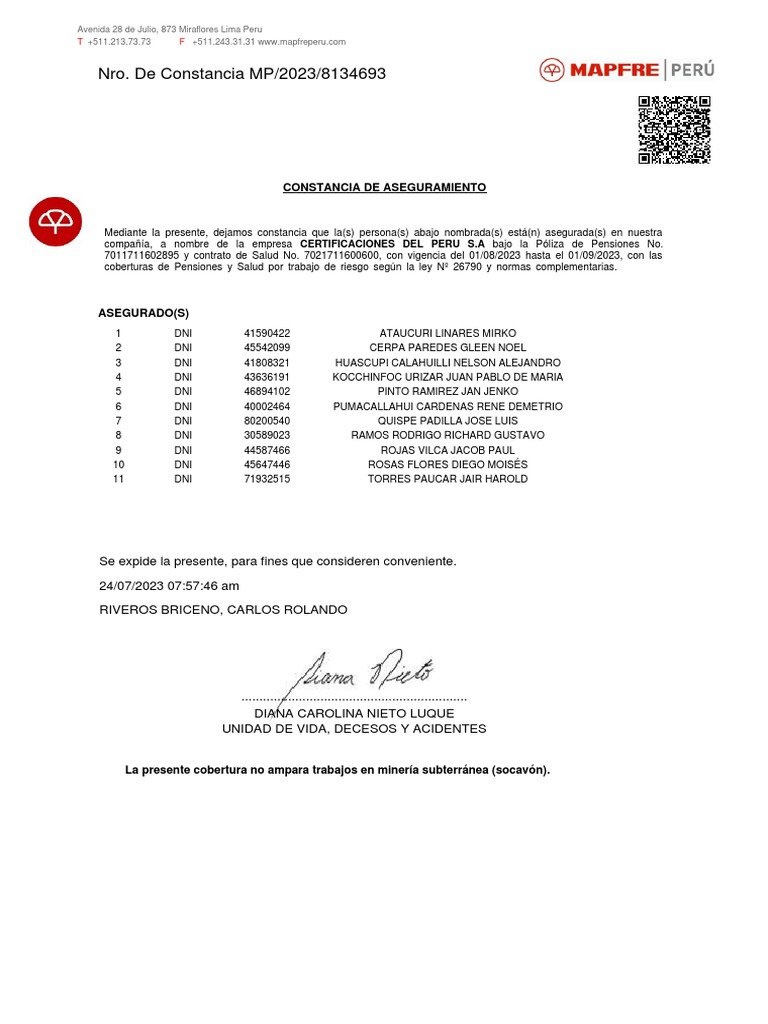 Certificaciones Del Peru Cerper Bateas Agosto 2023 | PDF | Póliza de ...