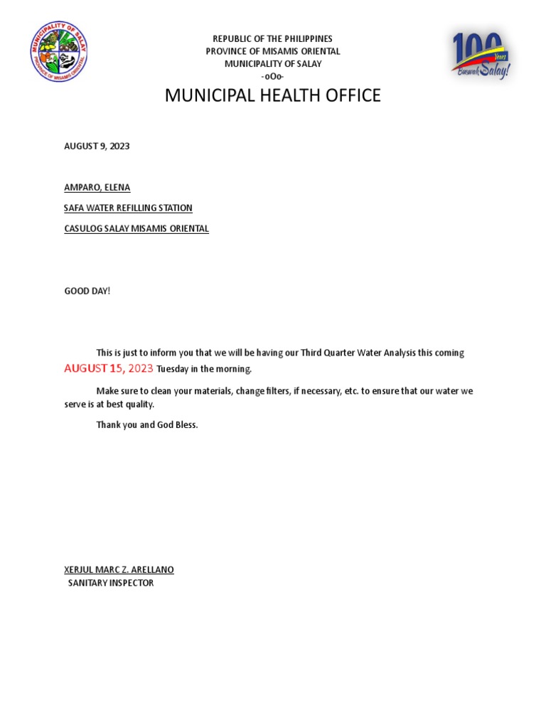 Letter For Refilling Water Analysis PDF Water Supply Drinking Water