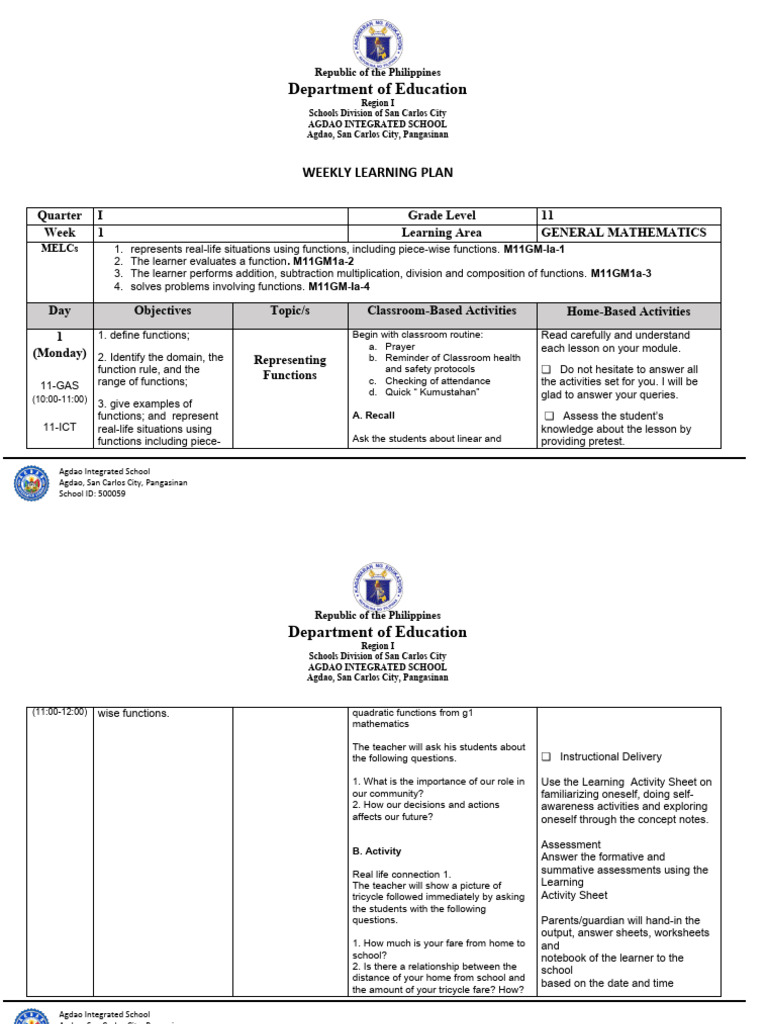 Weekly Learning Plan: General Mathematics | PDF | Function (Mathematics ...