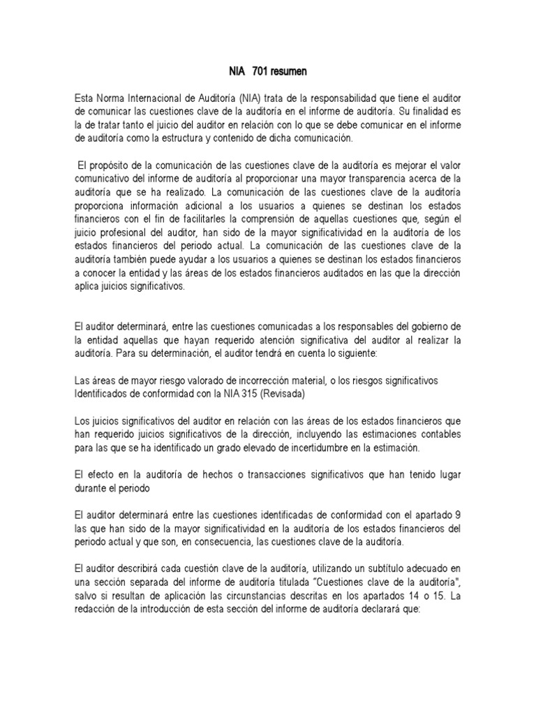 Nia 701 | PDF | Auditoría | Contralor