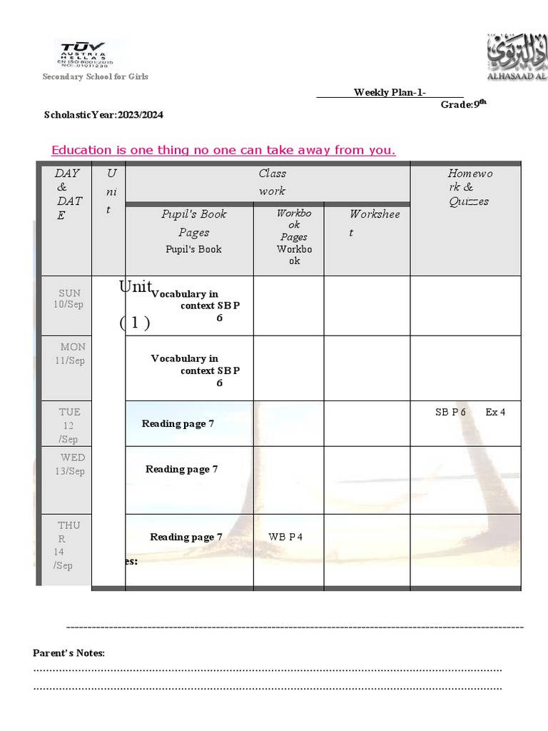 Weekly Lesson Plan for 9th Grade Girls | PDF