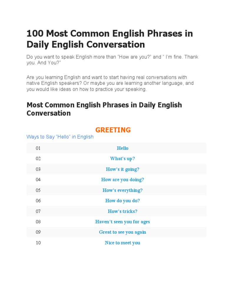 100 Most Common English Phrases In Daily English Conversation Pdf