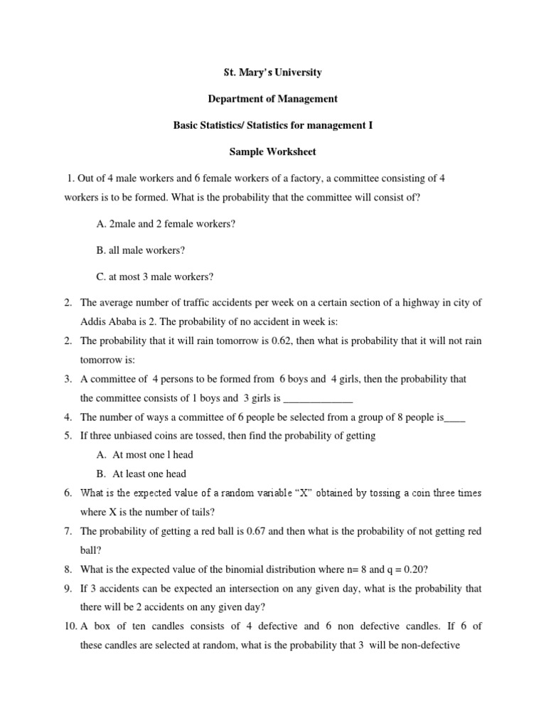 St mary s university department of management basic statistics
