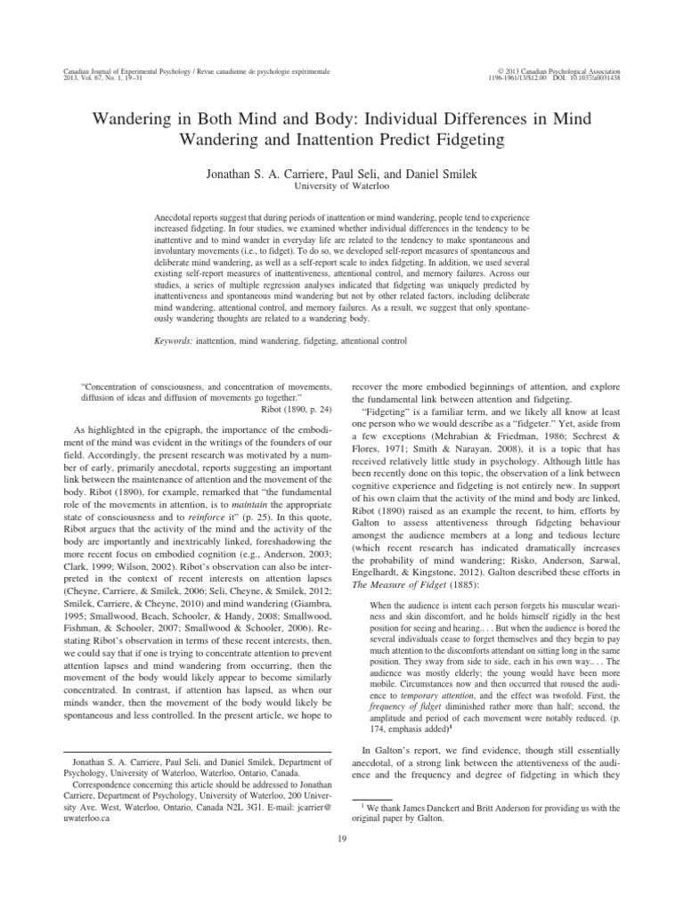 Mind Wandering and Fidgeting Link | PDF | Mind Wandering | Attention