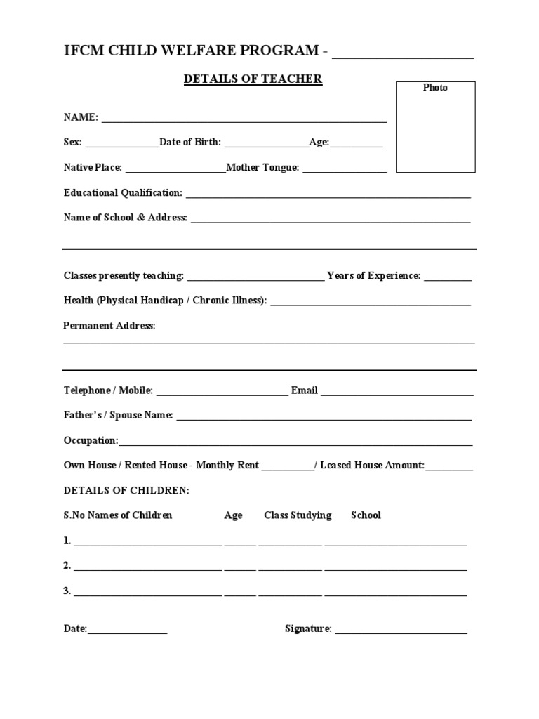 IFCM Child Welfare Program Teacher Form | PDF