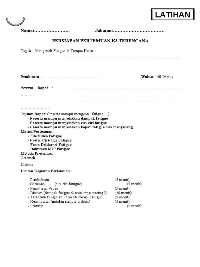 FORM SAFETY MEETING-Fatigue | PDF | Komputer | Teknologi & Rekayasa