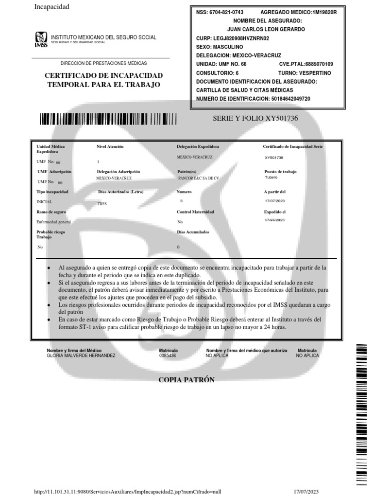 Certificado de Incapacidad IMSS 2023 | PDF | Ciencias de la Salud ...