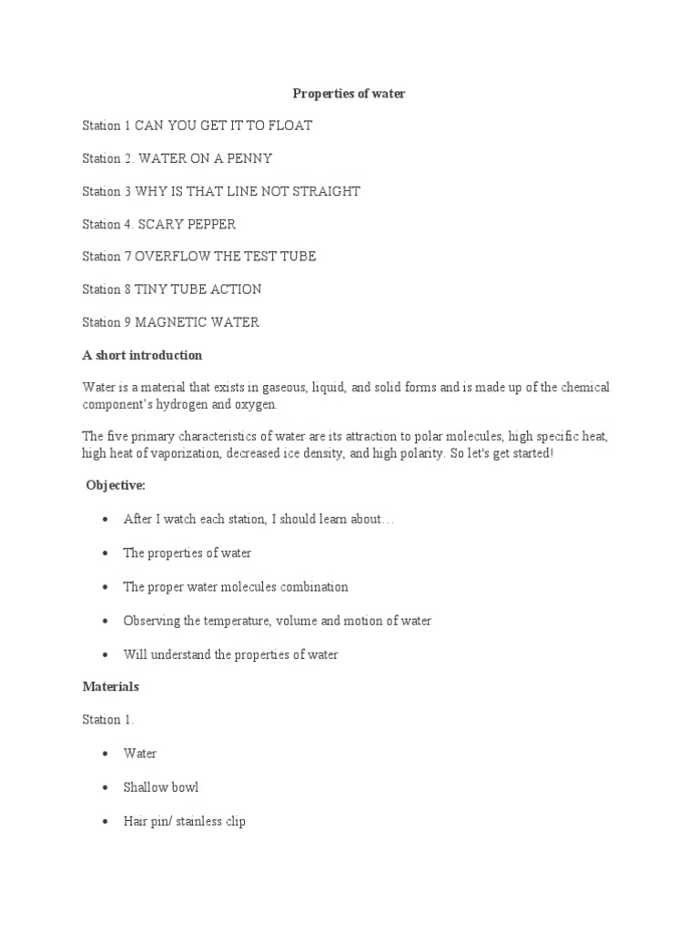 Properties of Water PDF Water Surface Tension