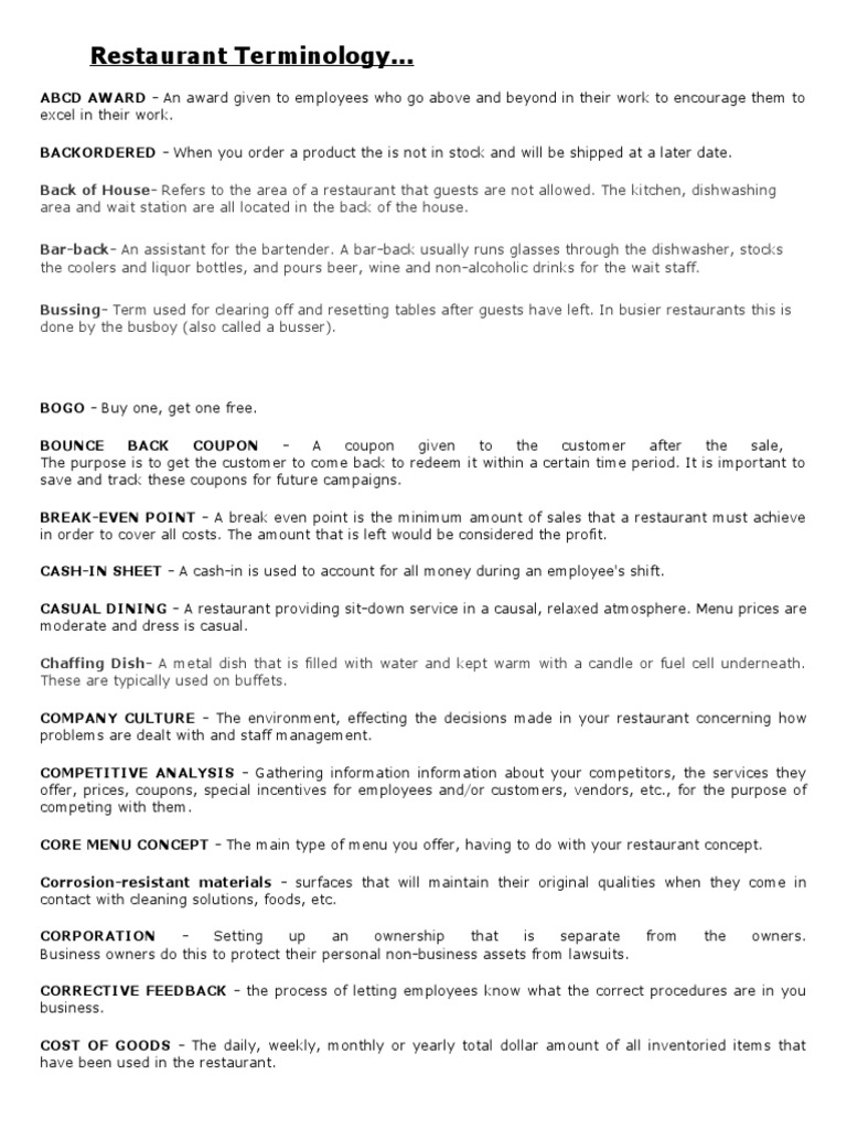 Restaurant Terminology PDF Menu Restaurants