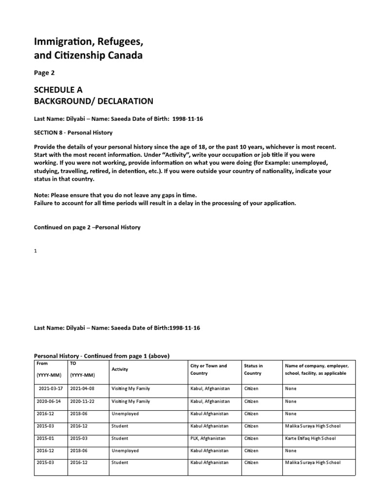 Schedule a separate sheet for personal history pdf