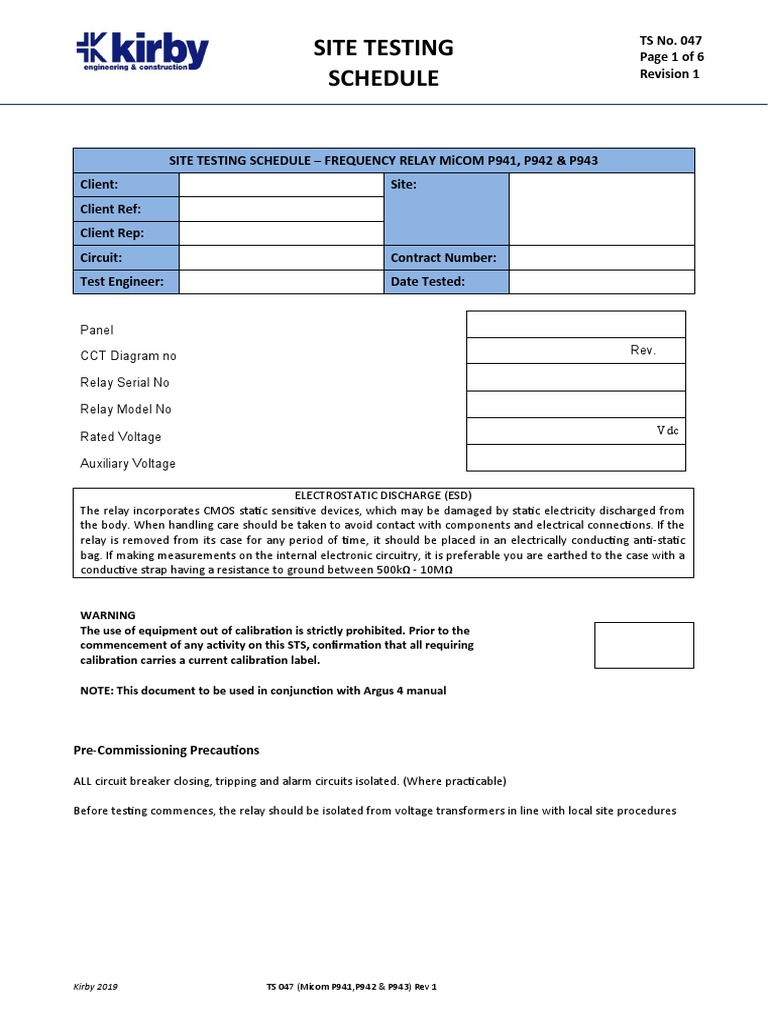 MiCOM P942 Site Testing Schedule | PDF | Electrostatic Discharge | Relay