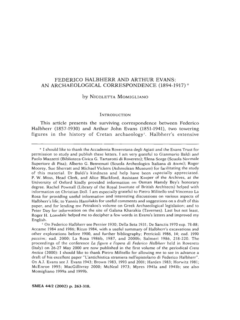 Momigliano Federico Halbherr and Arthur Evans PDF
