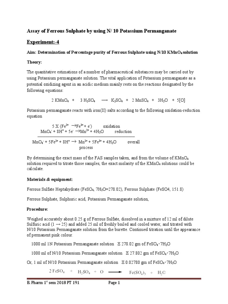 Assay of Ferrous Sulphate Using KMnO4 Solution PDF Titration
