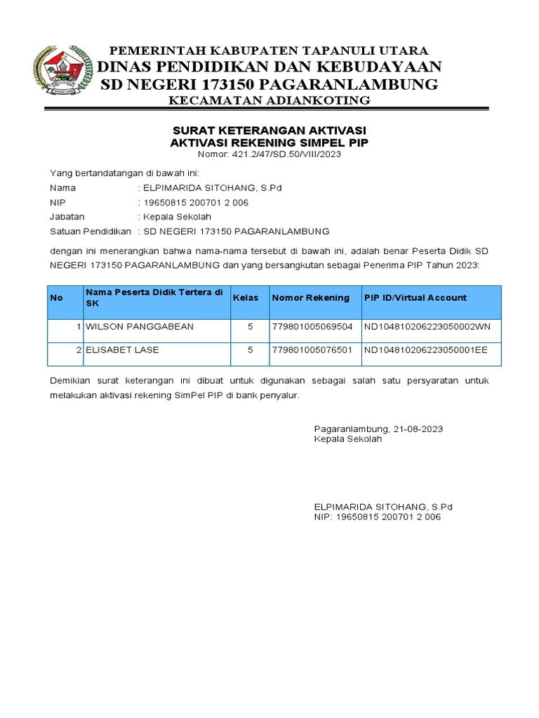 Surat Keterangan Aktivasi PIP Nominasi Tahun 2023, SD NEGERI 173152