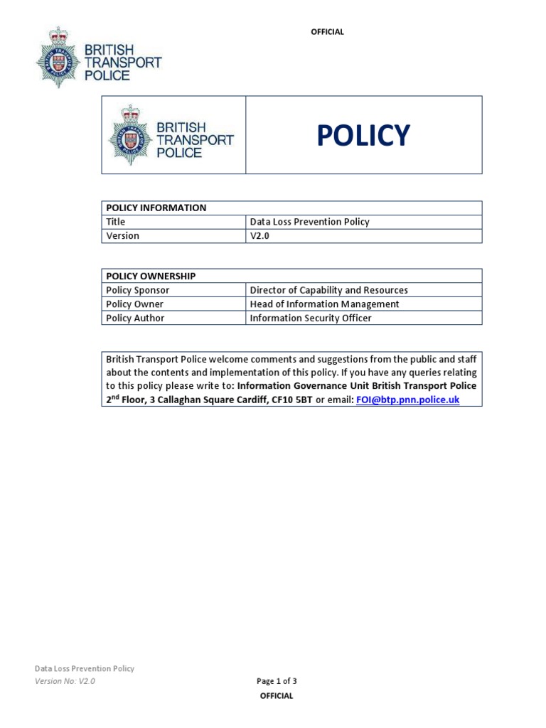 Data Loss Prevention Policy PDF Information Security Computer