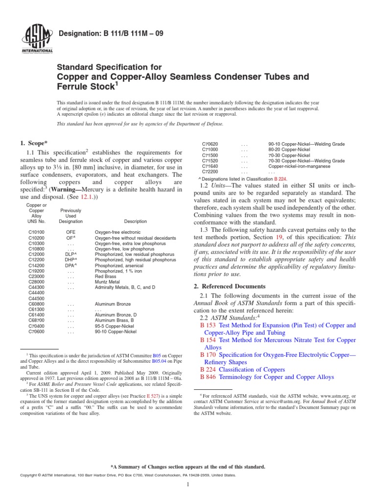 ASTM B 111 B 111M-2009 Standard Specification For Copper and Copper ...