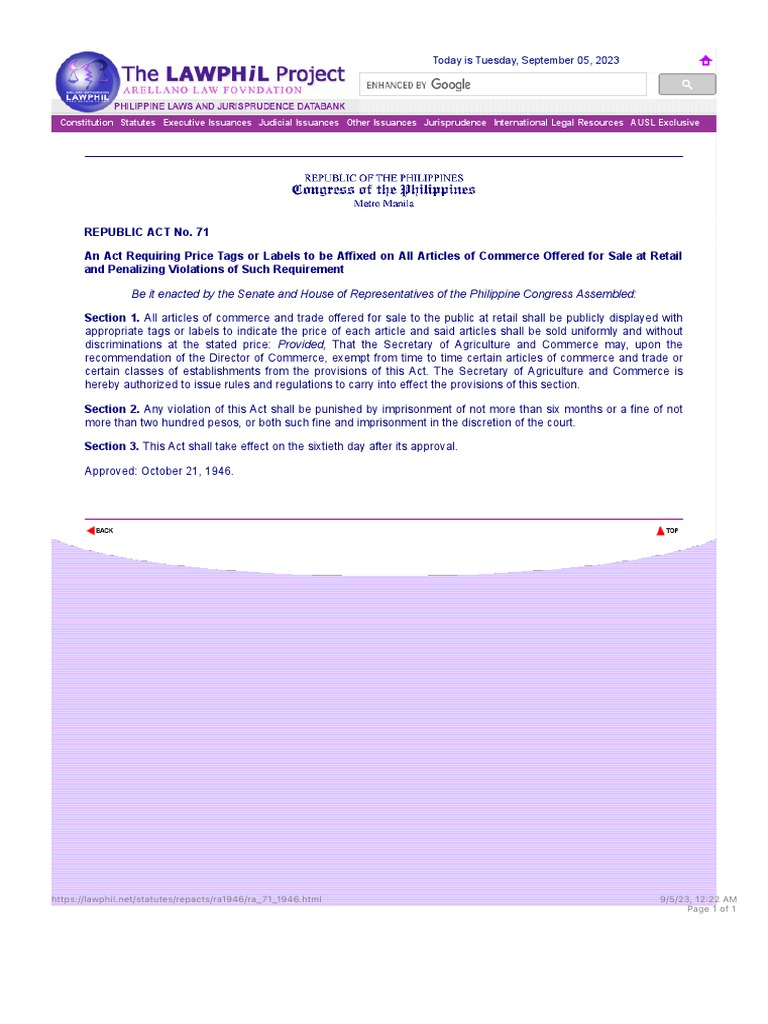 R.A. No. 71 - Price Tag Act | PDF