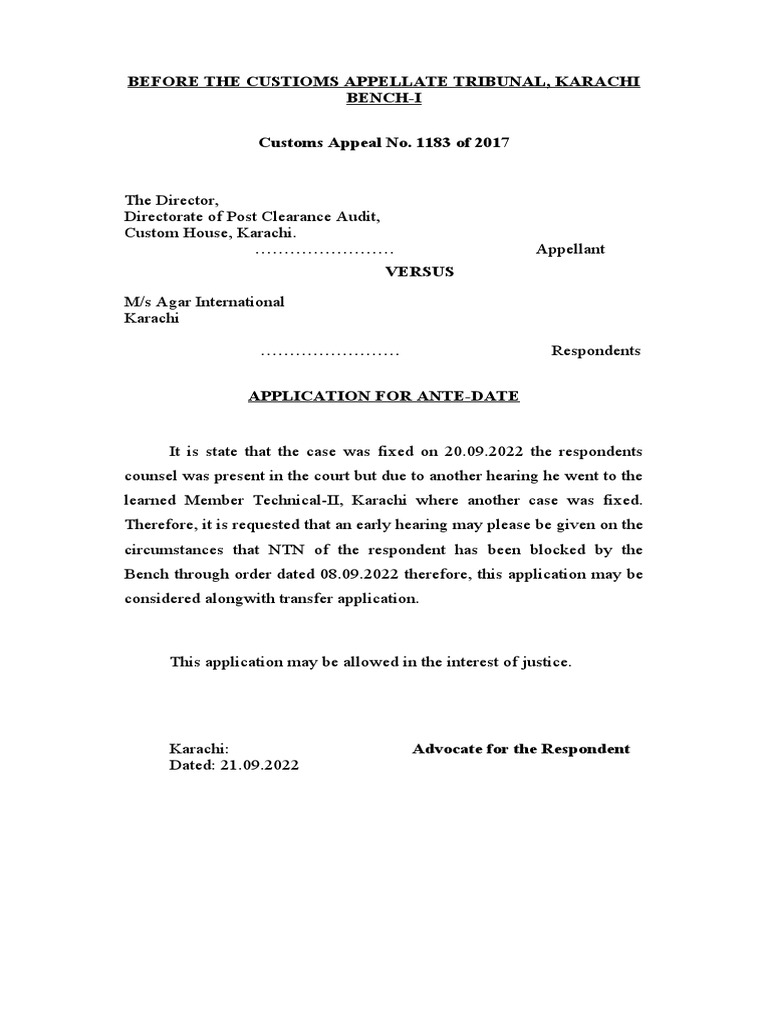 Application for Ante-Date Hearing | PDF