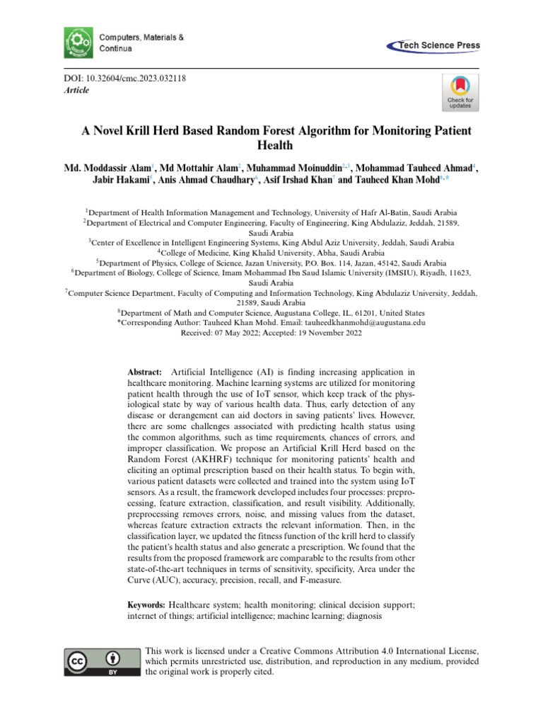 A Novel Krill Herd Based Random Forest Algorithm For Monitoring Patient ...