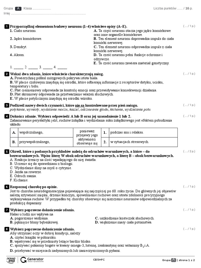 Układ Nerwowy Sprawdzian Test - R9 - R10. Układ Nerwowy. Narządy Zmysłów - w.2 Test (Z Widoczną