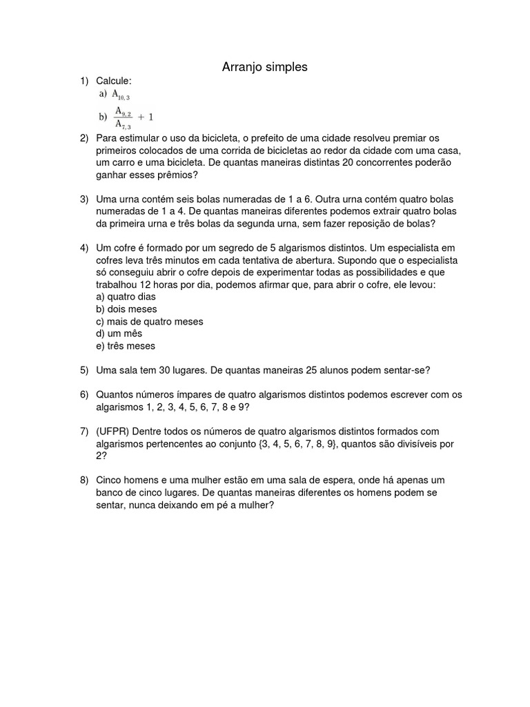 Exercícios Resolvidos de Arranjos Simples | PDF