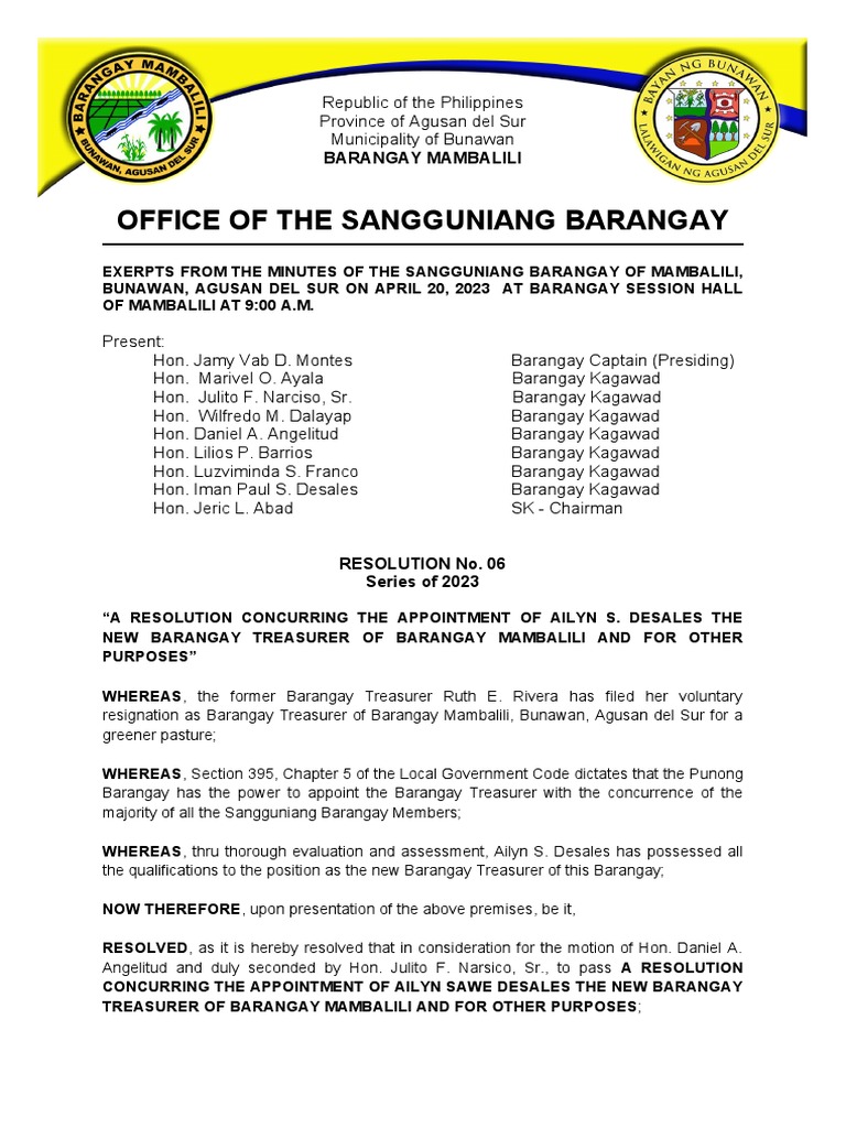 Resolution for New Barangay Treasurer | PDF | Philippines