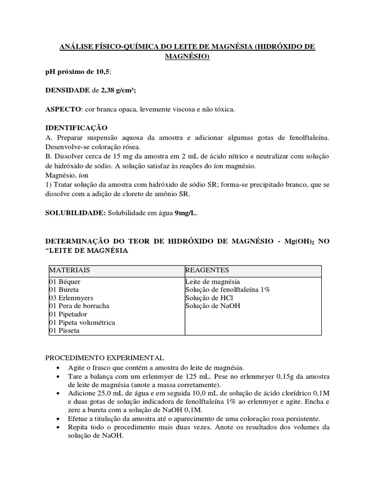 Análise do pH do Leite de Magnésia | PDF | Titulação | Química