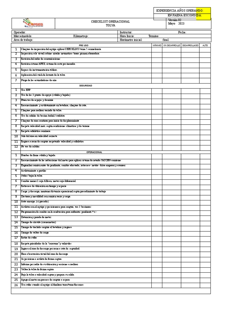 Checklist Operacion Tolva | PDF | Camión | Vehículos