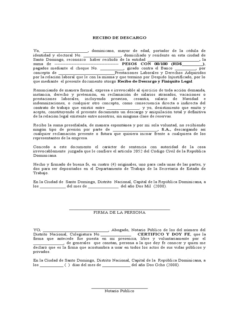 Recibo Descargo Modelo Laboral | PDF | República Dominicana | Gobierno