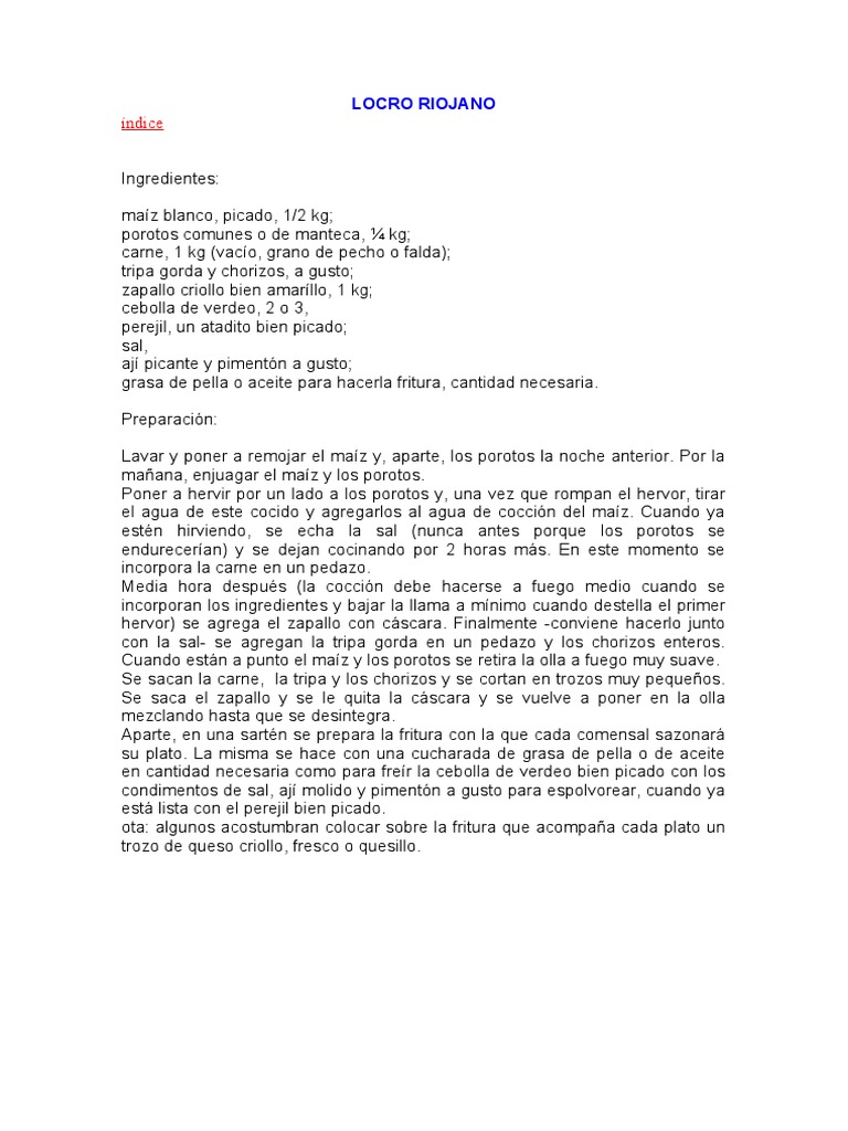 Receta Tradicional de Locro Riojano | PDF | Alimentos | Cocina