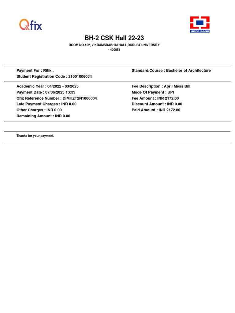 Qfix Payment Receipt for Ritik | PDF