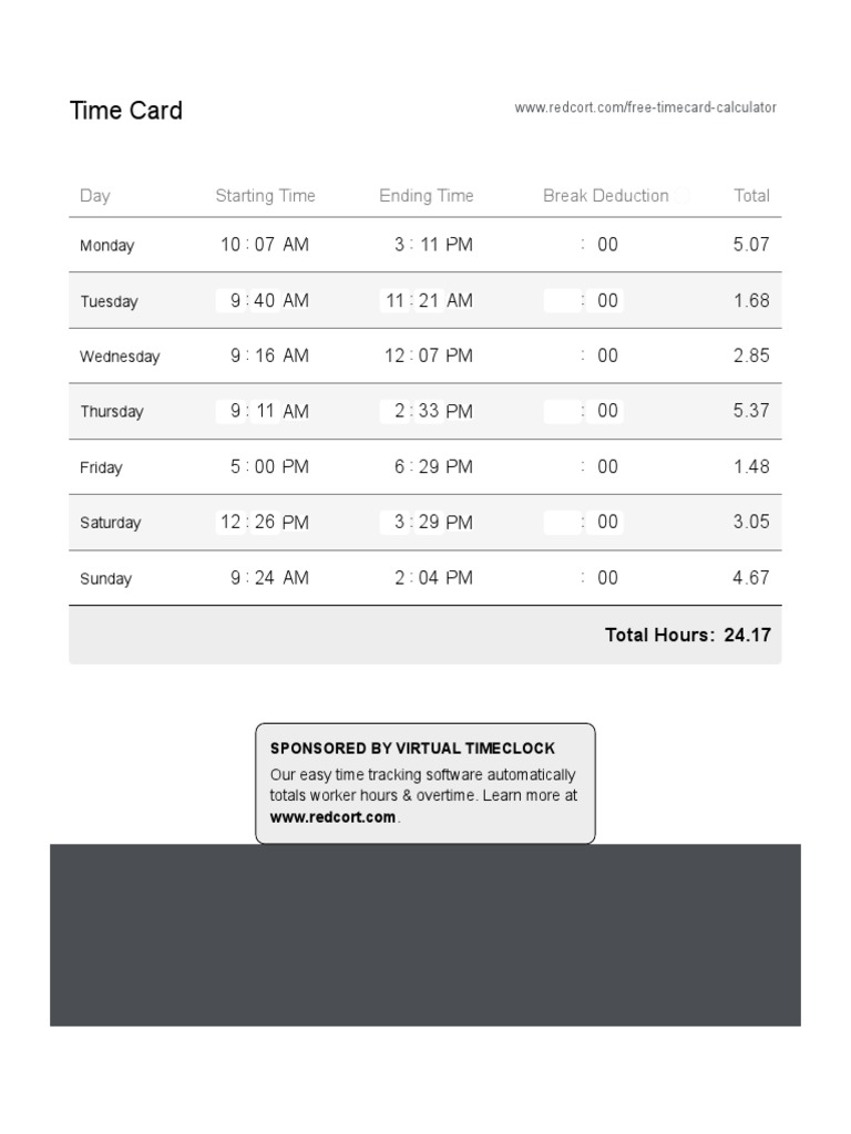 Free Time Card Calculator Timesheet Calculator Calculate Timecard Hours ...