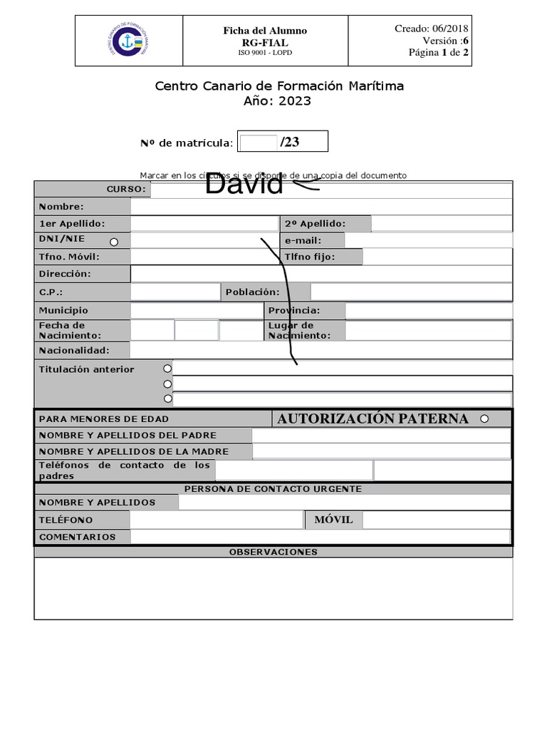 Ficha de Inscripción del Alumno 2023 | PDF