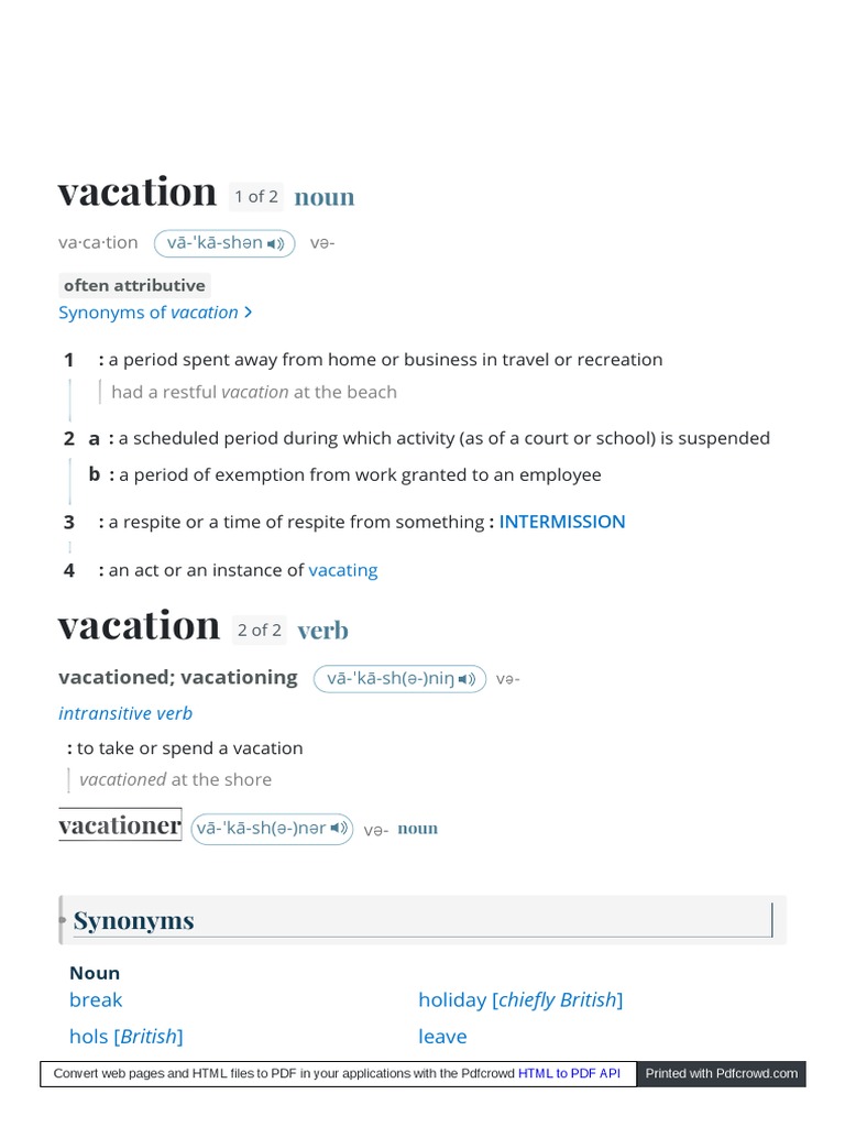 WWW Merriam ster Com Dictionary Vacation PDF Linguistic
