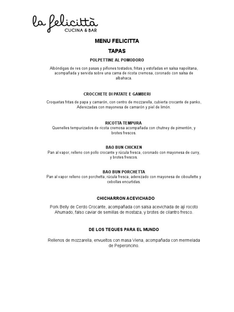Menú del Restaurante Felicitta | PDF | ensalada | Pizza