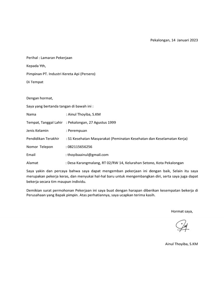 Surat Lamaran - PT. Industri Kereta API (Persero) | PDF