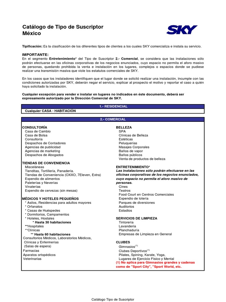Catálogo de Tipos de Suscriptores SKY | PDF | Tienda de conveniencia